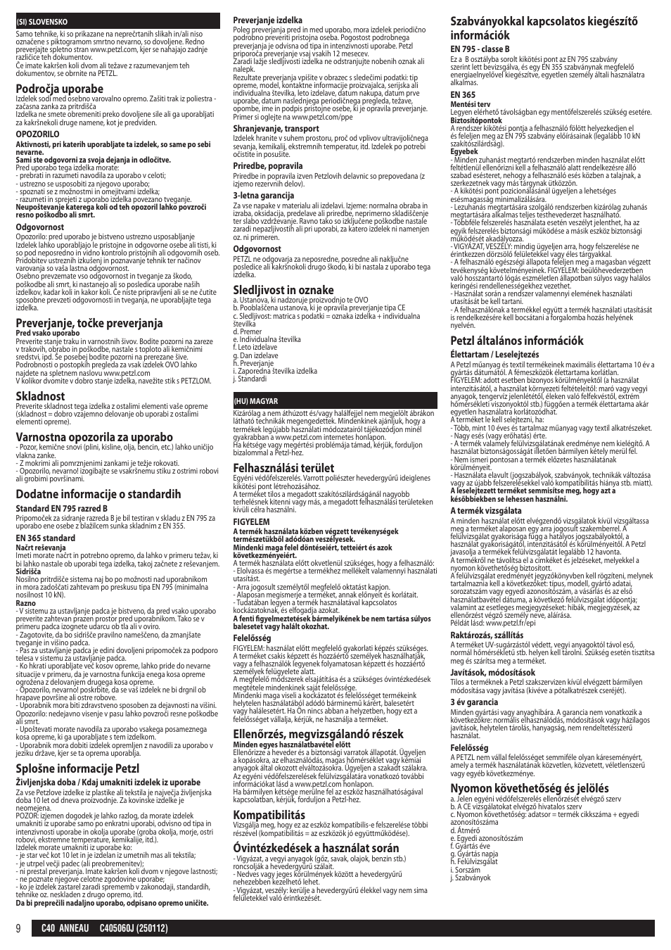 Si, hu, Področja uporabe, Preverjanje, točke preverjanja | Skladnost, Varnostna opozorila za uporabo, Dodatne informacije o standardih, Splošne informacije petzl, Sledljivost in oznake, Felhasználási terület, Ellenőrzés, megvizsgálandó részek | Petzl ANNEAU User Manual | Page 9 / 12