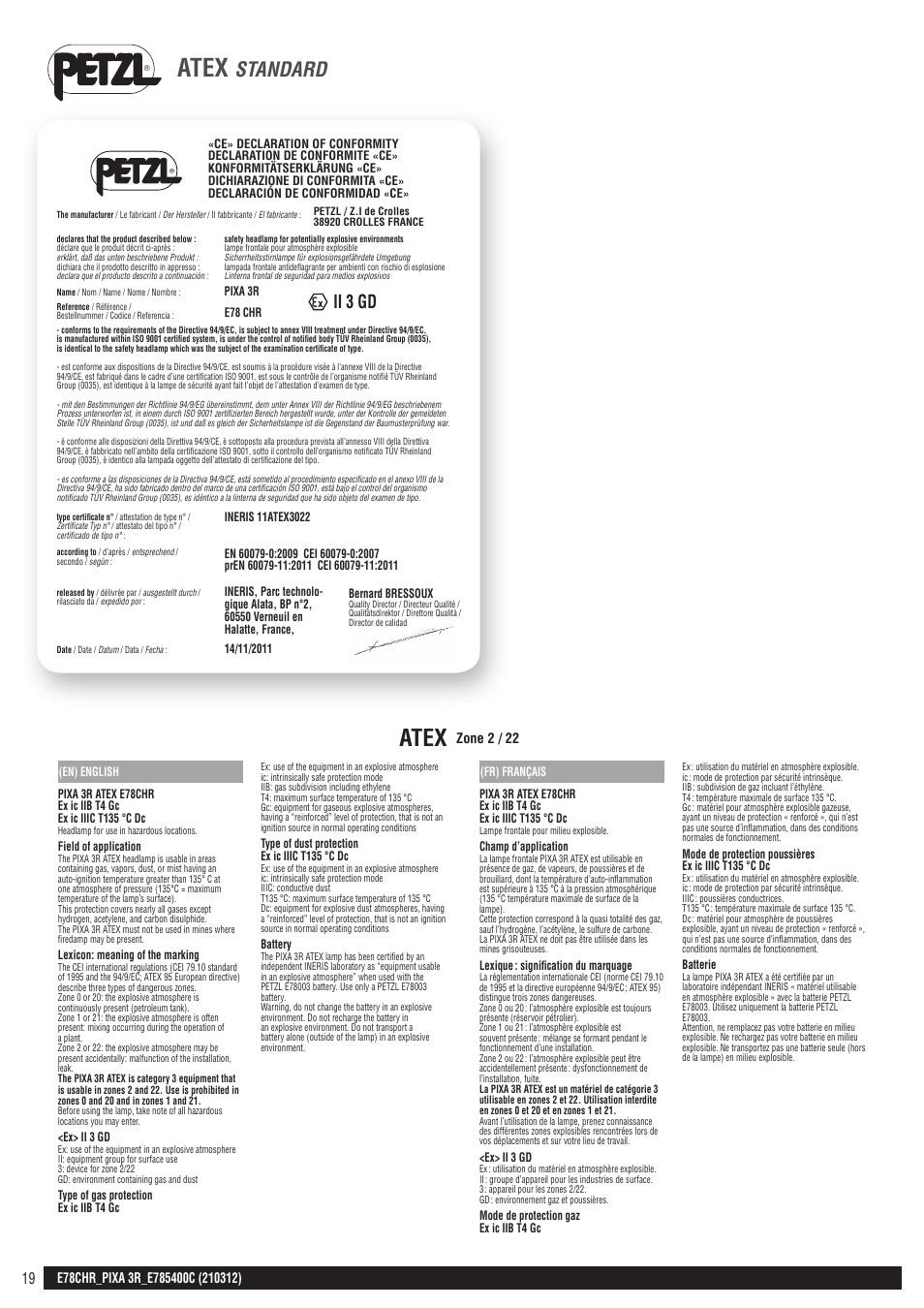 Atex standards en, fr, Atex, Standard | Ii 3 gd, Zone 2 / 22 | Petzl PIXA 3R User Manual | Page 19 / 23