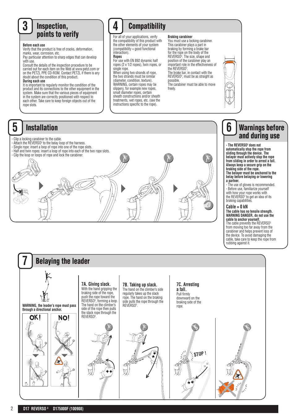 En + drawings, Inspection, points to verify, Compatibility | Warnings before and during use, Belaying the leader, Installation | Petzl REVERSO 3 User Manual | Page 2 / 25