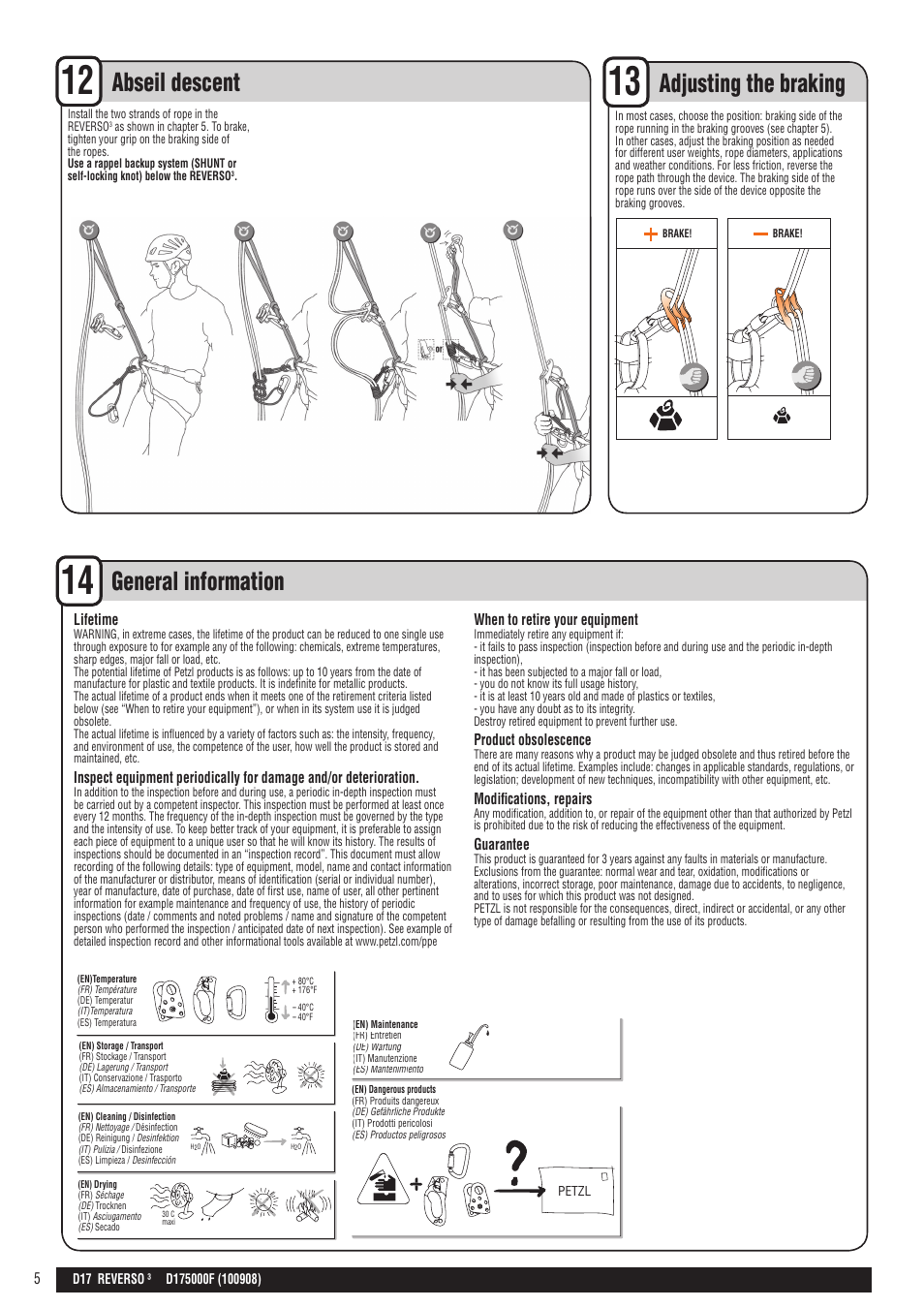 En + drawings, General information, Adjusting the braking | Abseil descent, Lifetime, When to retire your equipment, Product obsolescence, Modifi cations, repairs, Guarantee | Petzl REVERSO 3 User Manual | Page 5 / 25