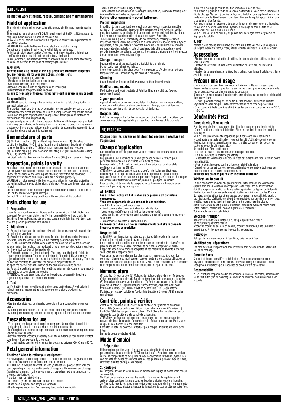 En / fr, Field of application, Nomenclature of parts | Inspection, points to verify, Instructions for use, Accessories, Precautions for use, Petzl general information, Champ d’application, Nomenclature | Petzl ALVEO VENT User Manual | Page 3 / 14