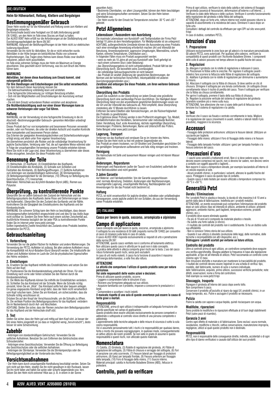 De / it, Bestimmungsgemäßer gebrauch, Benennung der teile | Überprüfung, zu kontrollierende punkte, Gebrauchsanleitung, Zubehör, Vorsichtsmaßnahmen, Petzl allgemeines, Campo di applicazione, Nomenclatura | Petzl ALVEO VENT User Manual | Page 4 / 14
