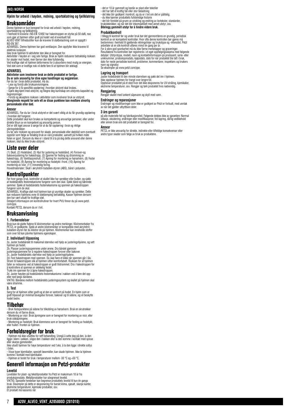 Bruksområder, Liste over deler, Kontrollpunkter | Bruksanvisning, Tilbehør, Forholdsregler for bruk, Generell informasjon om petzl-produkter | Petzl ALVEO VENT User Manual | Page 7 / 14