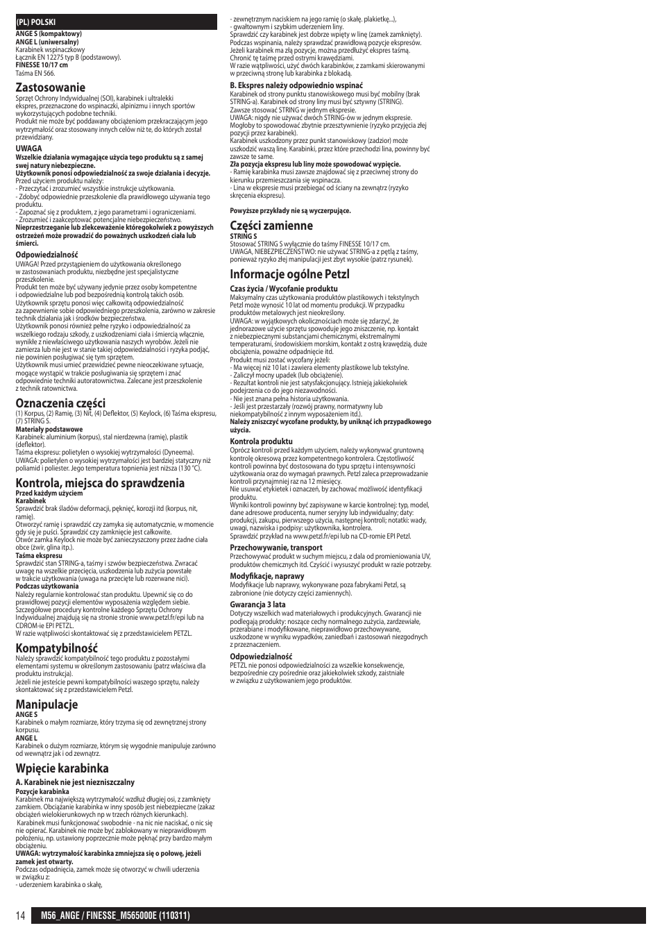 Zastosowanie, Oznaczenia części, Kontrola, miejsca do sprawdzenia | Kompatybilność, Manipulacje, Wpięcie karabinka, Części zamienne, Informacje ogólne petzl | Petzl FINESSE User Manual | Page 14 / 20