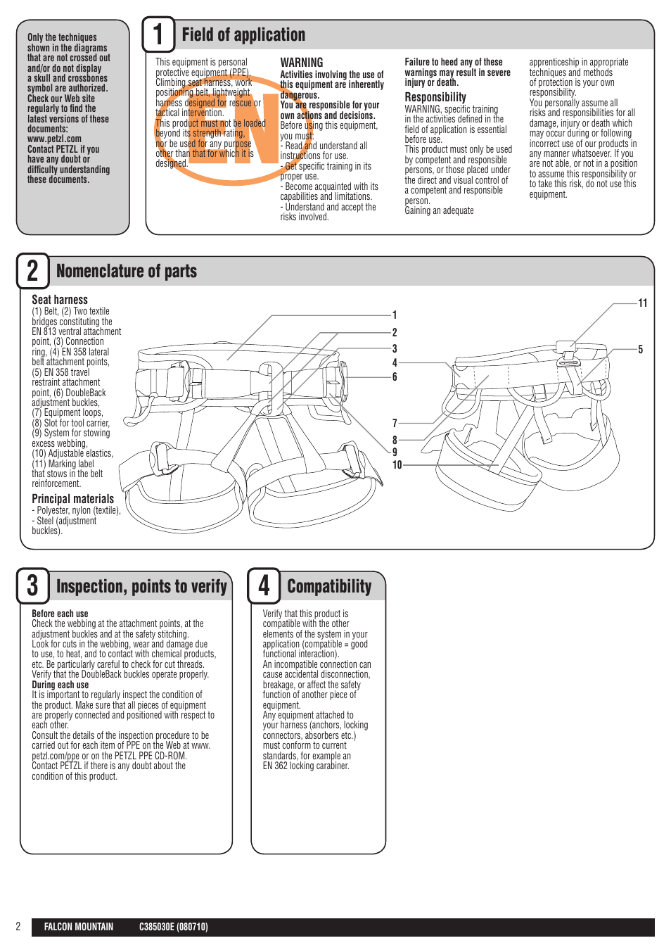 Drawings en, Field of application, Nomenclature of parts | Inspection, points to verify compatibility | Petzl FALCON MOUNTAIN User Manual | Page 2 / 26