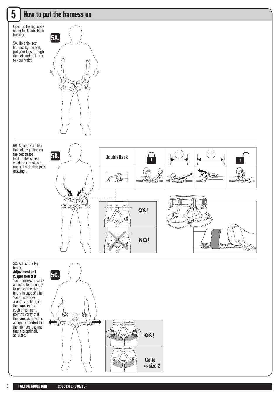 Drawings en, How to put the harness on, 5a. 5b. 5c | Petzl FALCON MOUNTAIN User Manual | Page 3 / 26