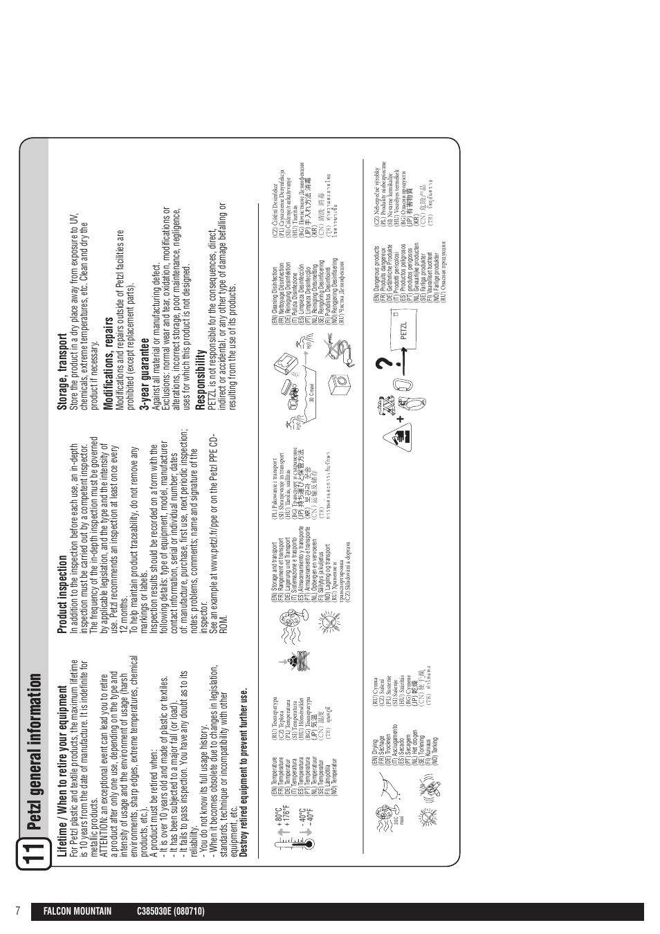 Drawings en, Petzl general information, Lifetime / when to retire your equipment | Product inspection, Storage, transport, Modifications, repairs, Year guarantee, Responsibility | Petzl FALCON MOUNTAIN User Manual | Page 7 / 26