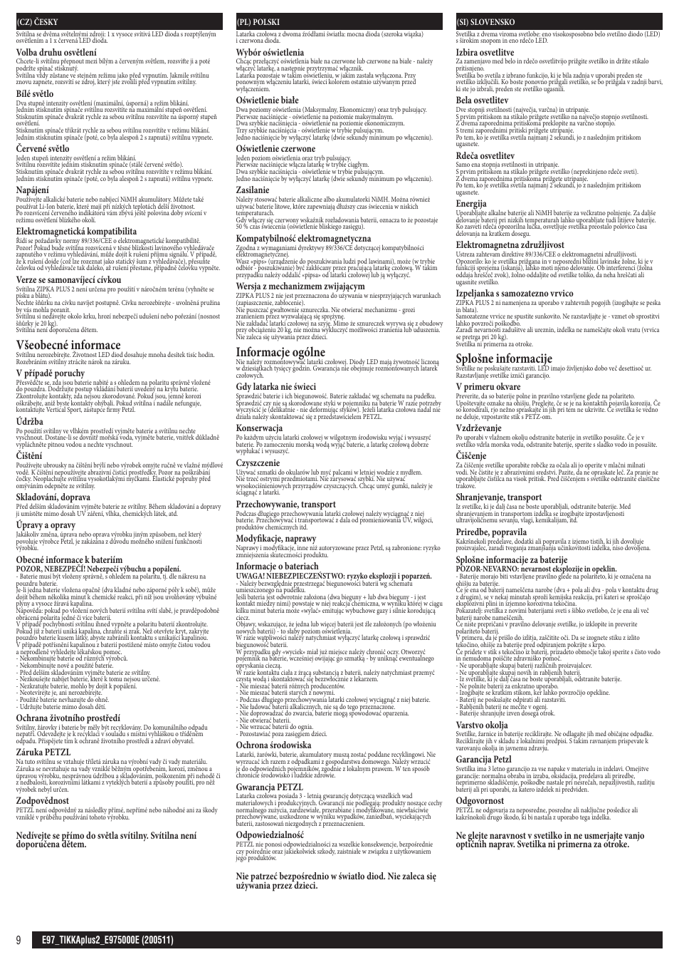 Cz, pl, si, Všeobecné informace, Informacje ogólne | Splošne informacije | Petzl TIKKA PLUS 2 ADAPT User Manual | Page 9 / 11