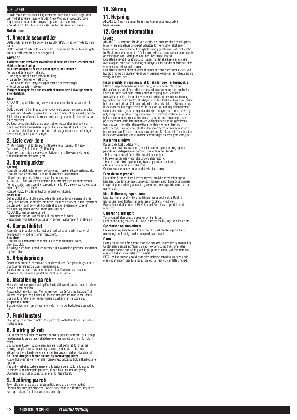 Anvendelsesområder, Liste over dele, Kontrolpunkter | Kompatibilitet, Arbejdsprincip, Installering på reb, Funktionstest, Klatring på reb, Nedfiring på reb, Sikring 11. hejsning | Petzl ASCENSION User Manual | Page 12 / 25