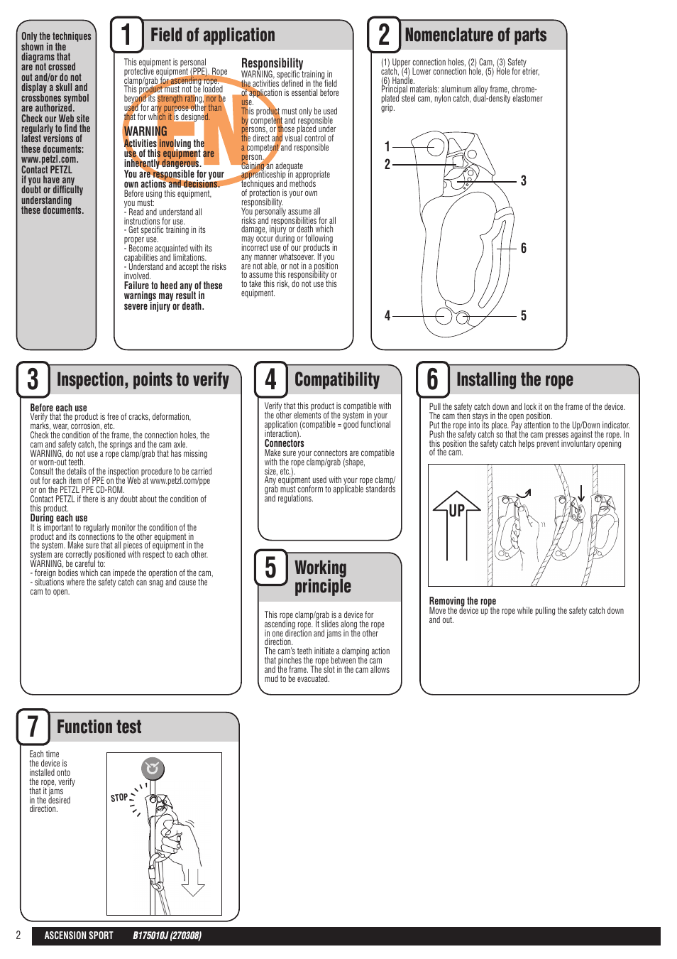 En + drawings, Installing the rope, Compatibility | Working principle, Function test | Petzl ASCENSION User Manual | Page 2 / 25