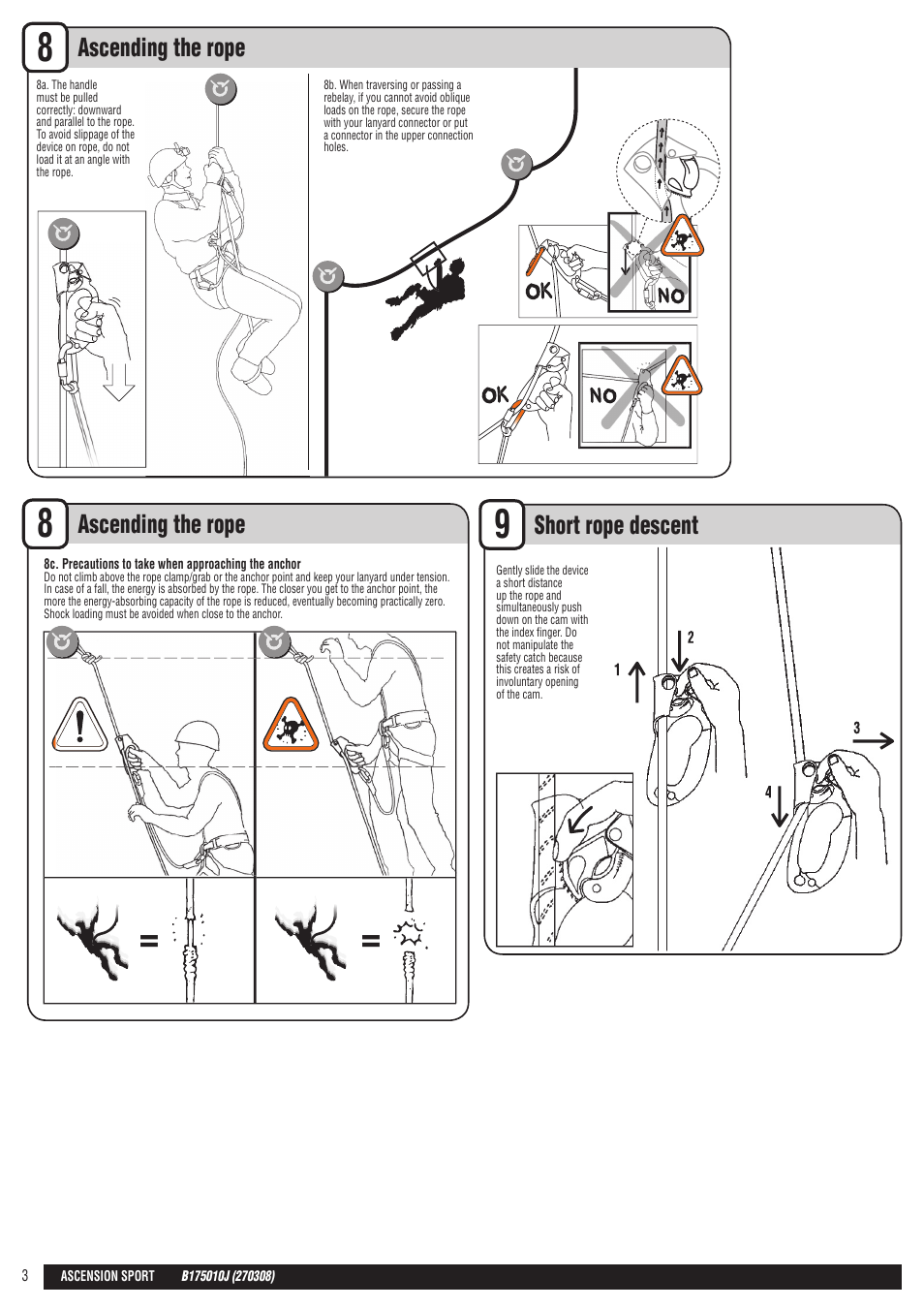 En + drawings, Ascending the rope, Short rope descent | Petzl ASCENSION User Manual | Page 3 / 25