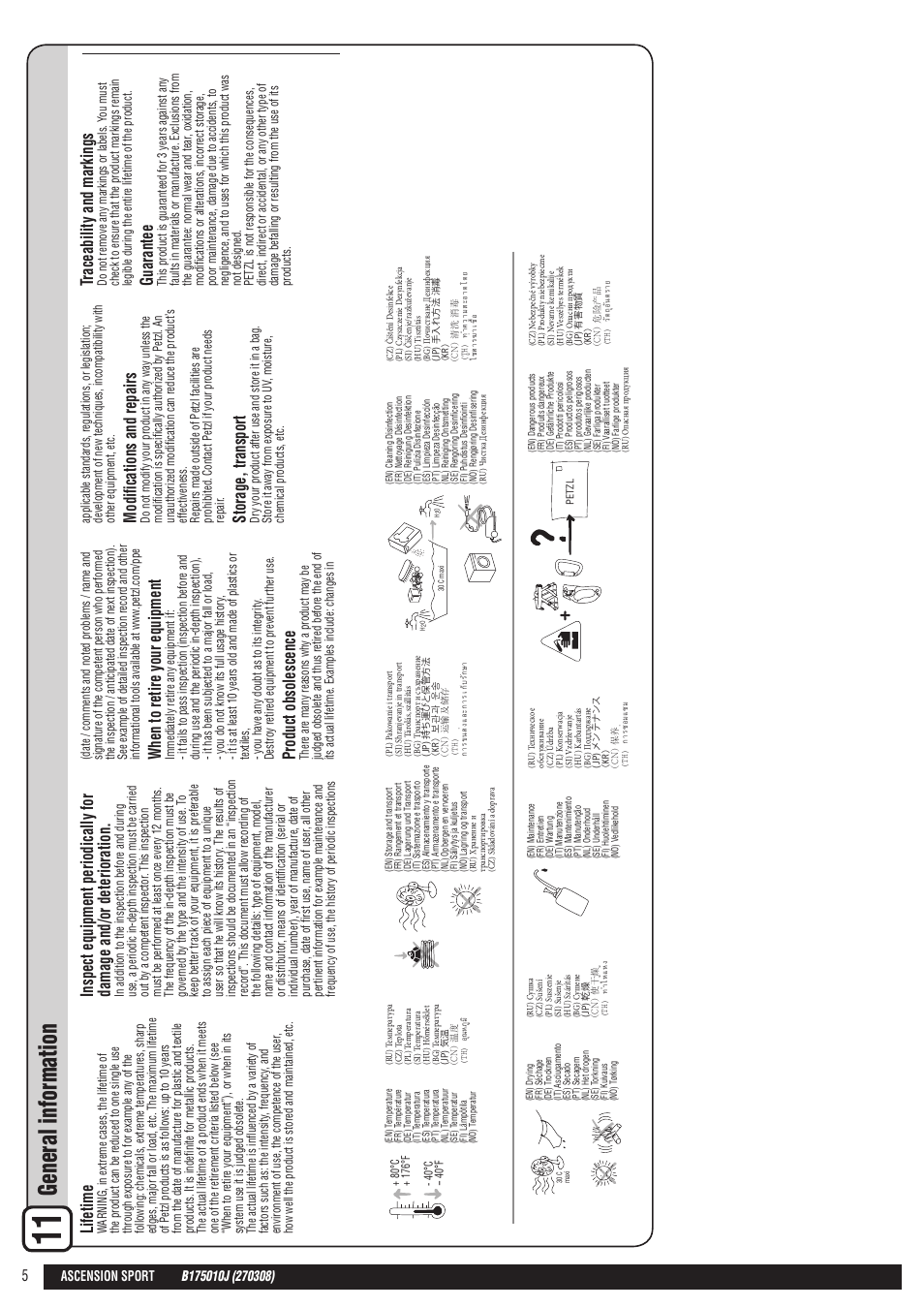 En + drawings, General information, Lifetime | When to retire your equipment, Product obsolescence, Modifications and repairs, Storage, transport, Traceability and markings, Guarantee | Petzl ASCENSION User Manual | Page 5 / 25