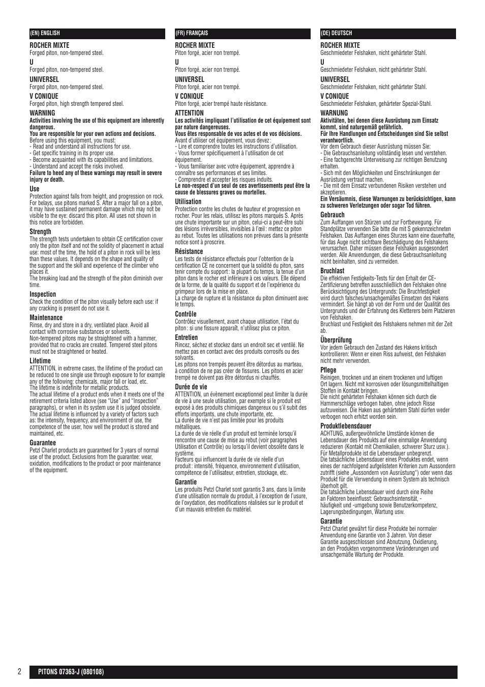 En, fr, de | Petzl Скальные крючья Petzl User Manual | Page 2 / 7
