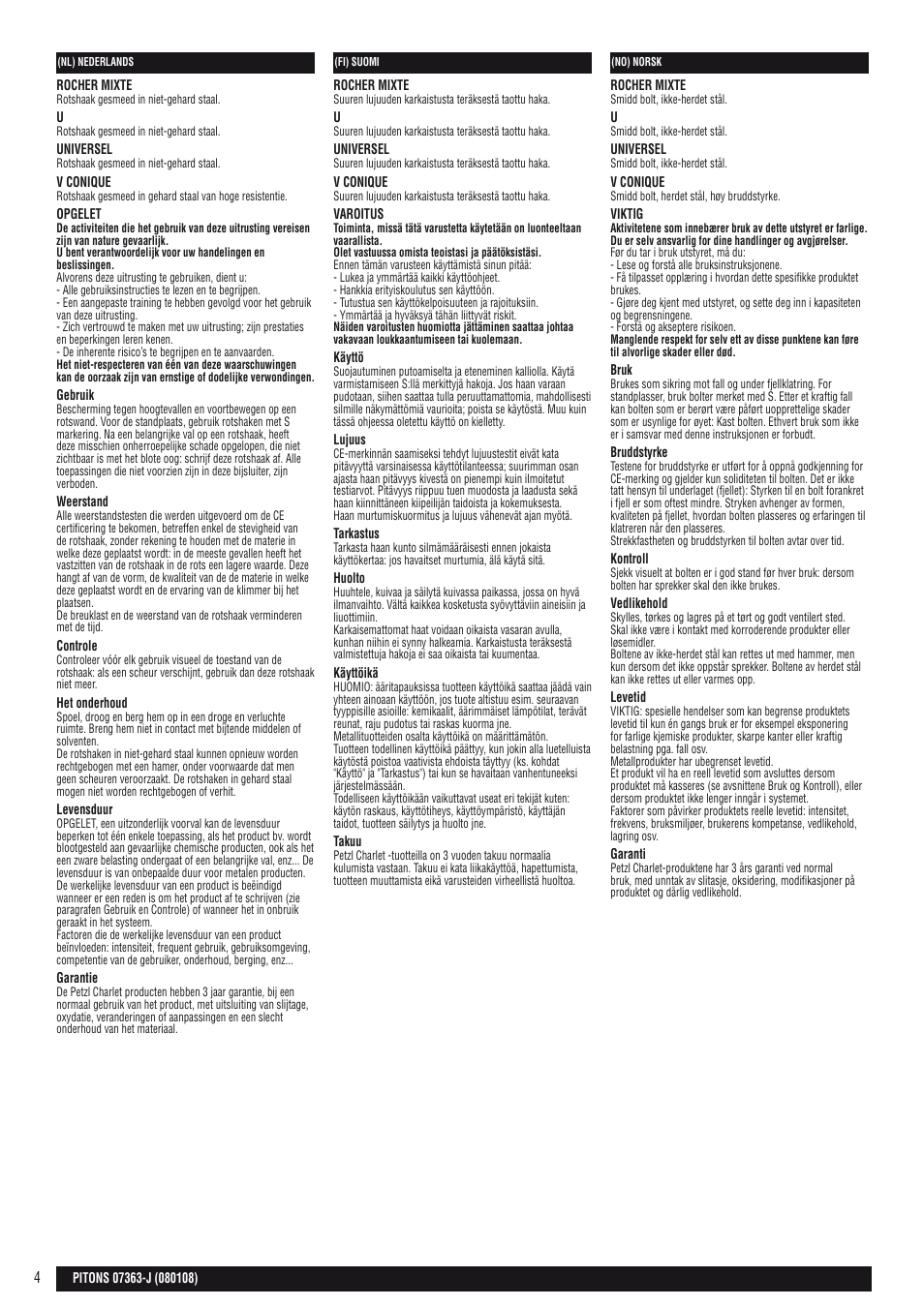 Nl, fi, no | Petzl Скальные крючья Petzl User Manual | Page 4 / 7