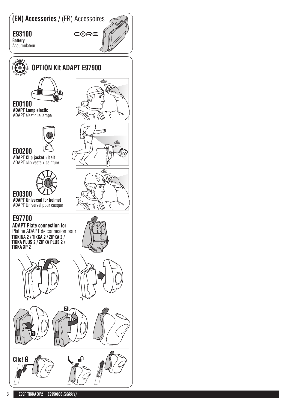 Drawings, White lighting red lighting, 88 g | 2 clics 1 clic, Long pressure, Ip x4, On / off, Battery / piles | Petzl TIKKA XP 2 User Manual | Page 3 / 24