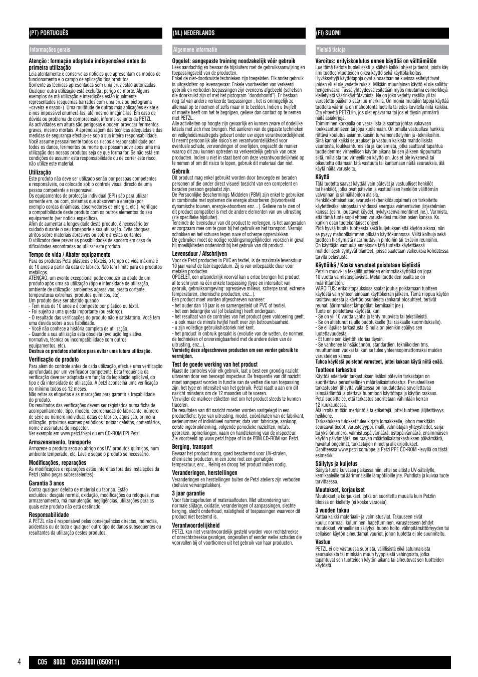 Pt, nl, fi | Petzl 8003 User Manual | Page 4 / 8