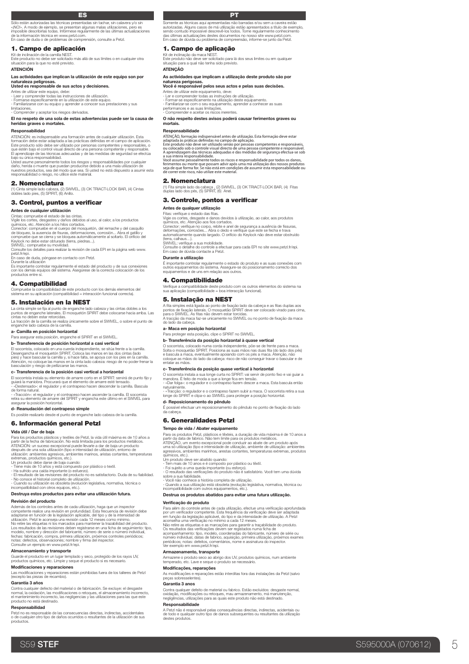 Es, pt, Campo de aplicación, Nomenclatura | Control, puntos a verificar, Compatibilidad, Instalación en la nest, Información general petzl, Campo de aplicação, Controle, pontos a verificar, Compatibilidade | Petzl STEF User Manual | Page 5 / 12