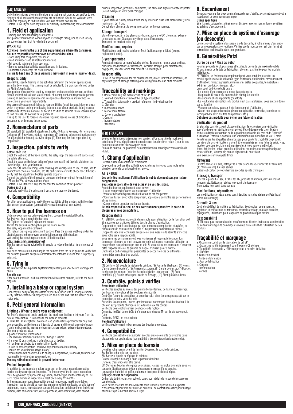 En, fr, Field of application, Nomenclature of parts | Inspection, points to verify, Compatibility, How to put the harness on, Tying in, Installing a belay or rappel system, Petzl general information, Traceability and markings | Petzl CANYON User Manual | Page 3 / 13