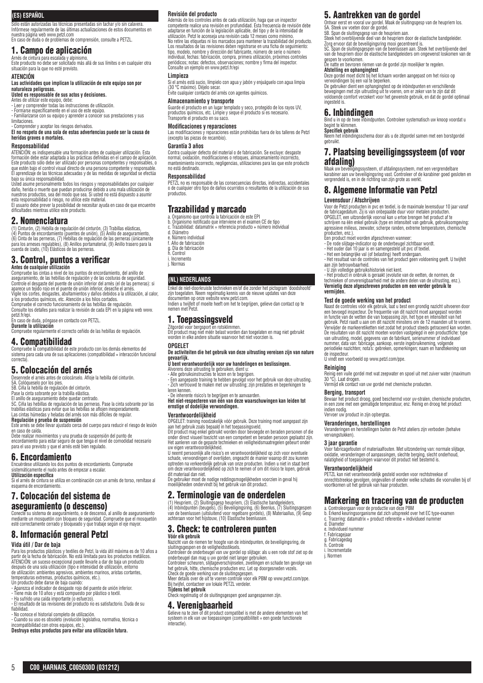 Es, nl, Campo de aplicación, Nomenclatura | Control, puntos a verificar, Compatibilidad, Colocación del arnés, Encordamiento, Información general petzl, Trazabilidad y marcado, Toepassingsveld | Petzl CANYON User Manual | Page 5 / 13