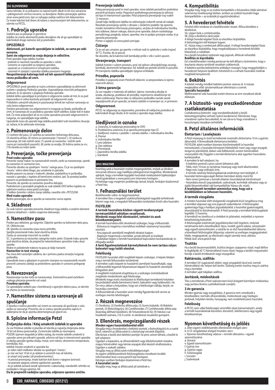 Si, hu, Področja uporabe, Poimenovanje delov | Preverjanje, točke preverjanja, Skladnost, Namestitev pasu, Navezovanje, Namestitev sistema za varovanje ali spuščanje, Splošne informacije petzl, Sledljivost in oznake | Petzl CANYON User Manual | Page 9 / 13