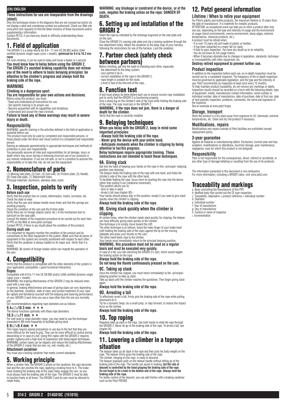 Field of application, Nomenclature of parts, Inspection, points to verify | Compatibility, Working principle, Setting up and installation of the grigri 2, Partner check (safety check between partners), Function test, Belaying techniques, Top roping | Petzl GRIGRI 2 User Manual | Page 5 / 23