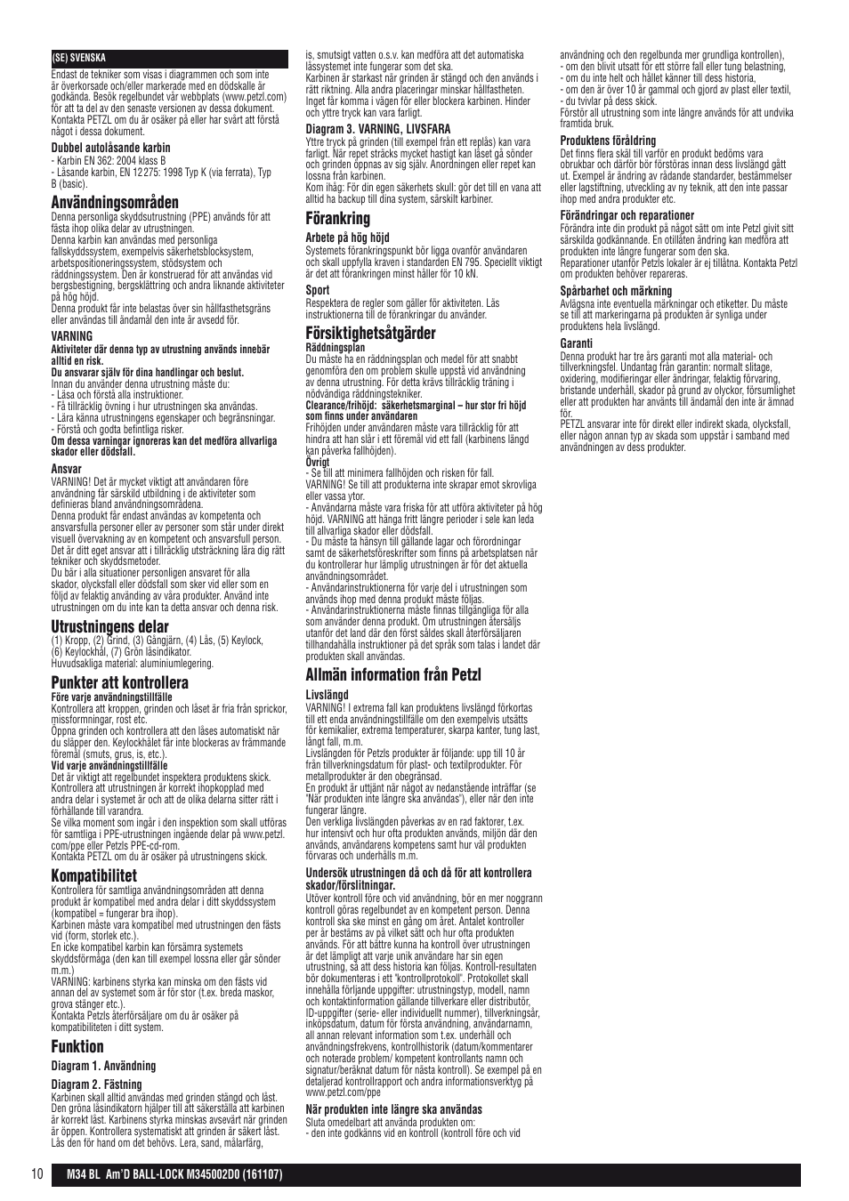 Användningsområden, Utrustningens delar, Punkter att kontrollera | Kompatibilitet, Funktion, Förankring, Försiktighetsåtgärder, Allmän information från petzl | Petzl AM'D BALL-LOCK User Manual | Page 10 / 22