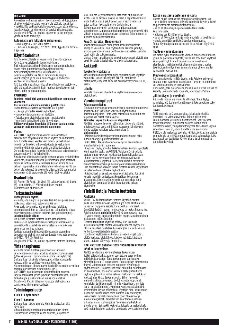 Käyttötarkoitus, Osaluettelo, Tarkastuskohteet | Yhteensopivuus, Toimintaperiaate, Ankkurit, Varotoimenpiteet, Yleisiä tietoja petzlin tuotteista | Petzl AM'D BALL-LOCK User Manual | Page 11 / 22