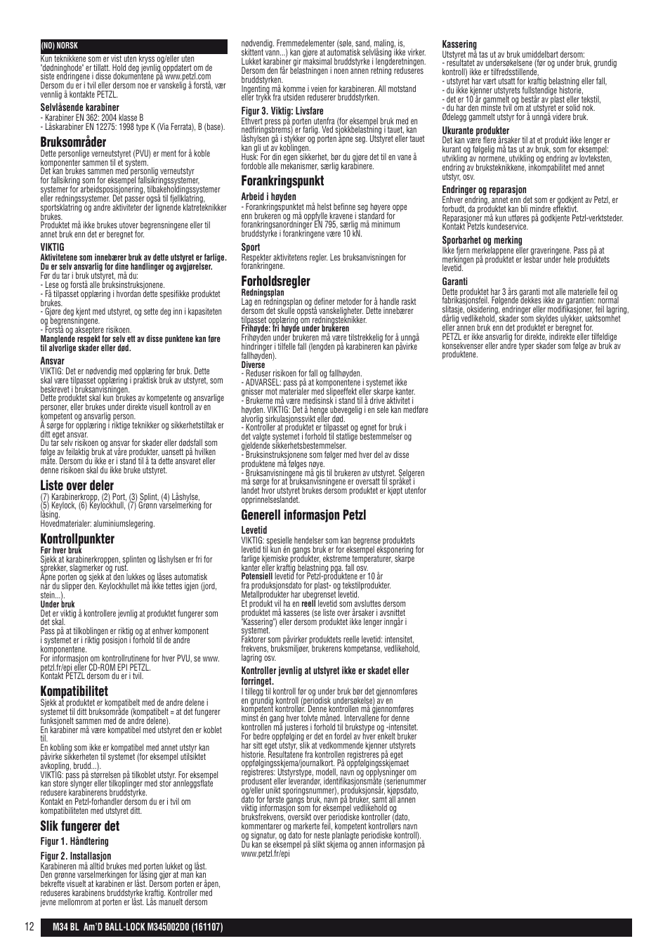 Bruksområder, Liste over deler, Kontrollpunkter | Kompatibilitet, Slik fungerer det, Forankringspunkt, Forholdsregler, Generell informasjon petzl | Petzl AM'D BALL-LOCK User Manual | Page 12 / 22