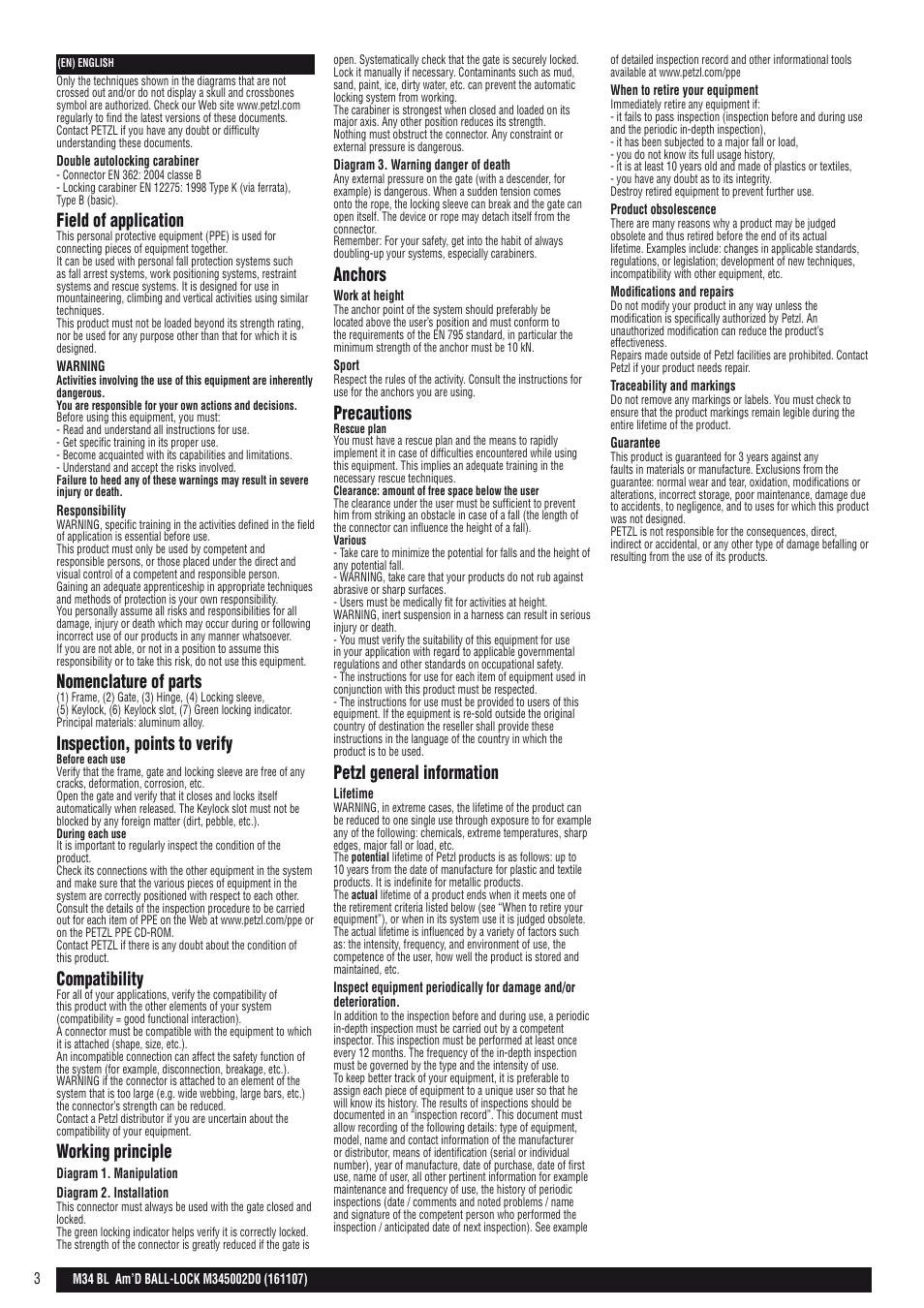 Field of application, Nomenclature of parts, Inspection, points to verify | Compatibility, Working principle, Anchors, Precautions, Petzl general information | Petzl AM'D BALL-LOCK User Manual | Page 3 / 22