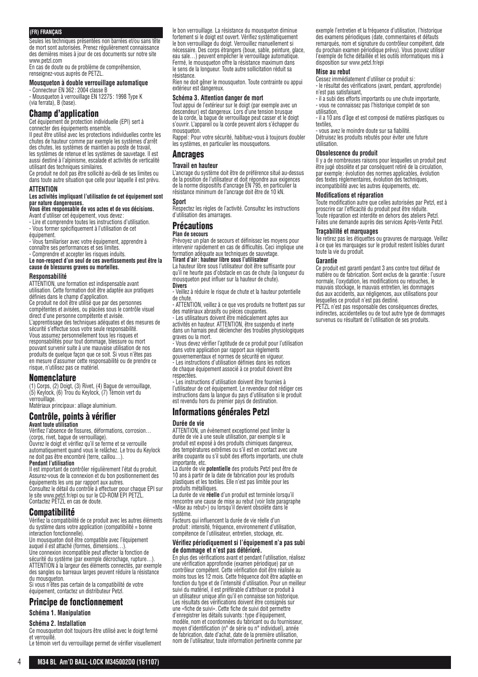 Champ d’application, Nomenclature, Contrôle, points à vérifier | Compatibilité, Principe de fonctionnement, Ancrages, Précautions, Informations générales petzl | Petzl AM'D BALL-LOCK User Manual | Page 4 / 22
