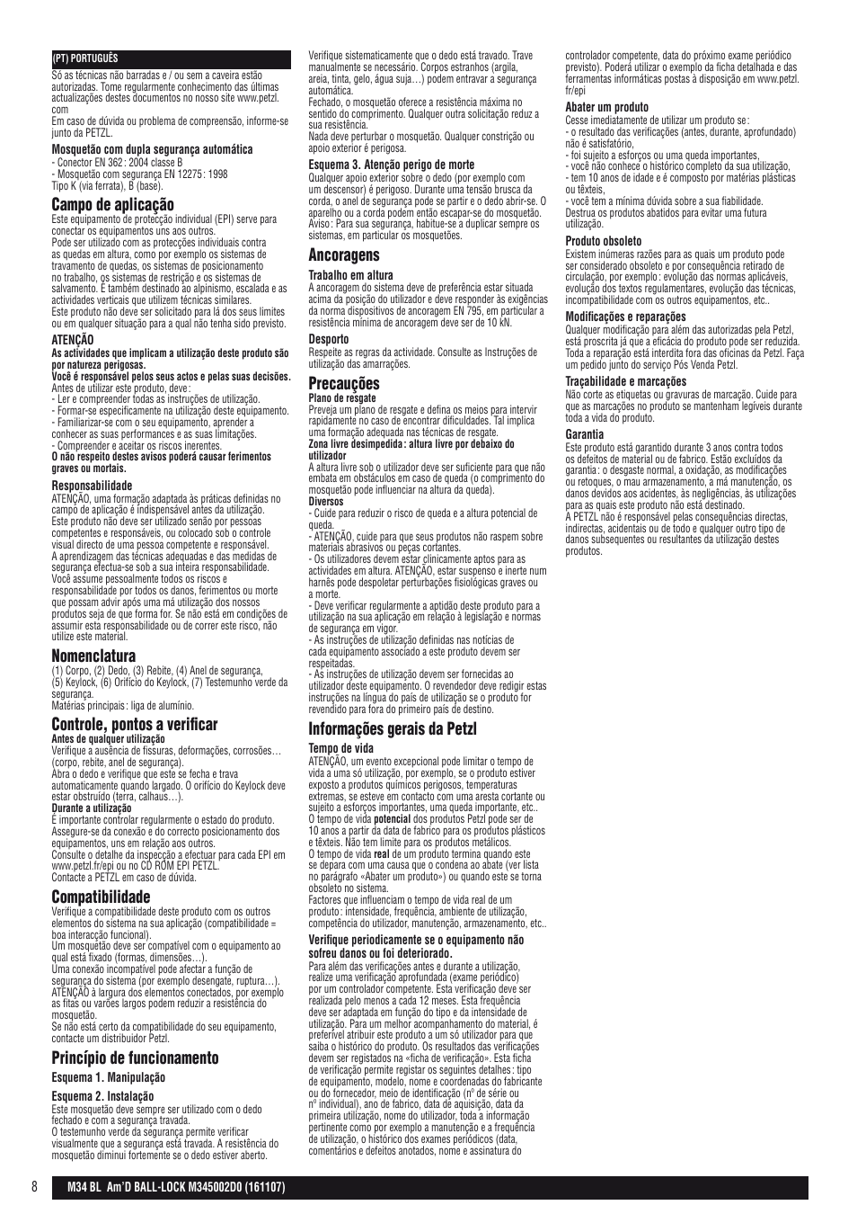 Campo de aplicação, Nomenclatura, Controle, pontos a verificar | Compatibilidade, Princípio de funcionamento, Ancoragens, Precauções, Informações gerais da petzl | Petzl AM'D BALL-LOCK User Manual | Page 8 / 22