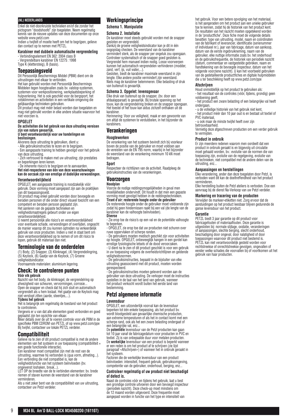 Toepassingsveld, Terminologie van de onderdelen, Check: te controleren punten | Compatibiliteit, Werkingsprincipe, Verankeringen, Voorzorgen, Petzl algemene informatie | Petzl AM'D BALL-LOCK User Manual | Page 9 / 22