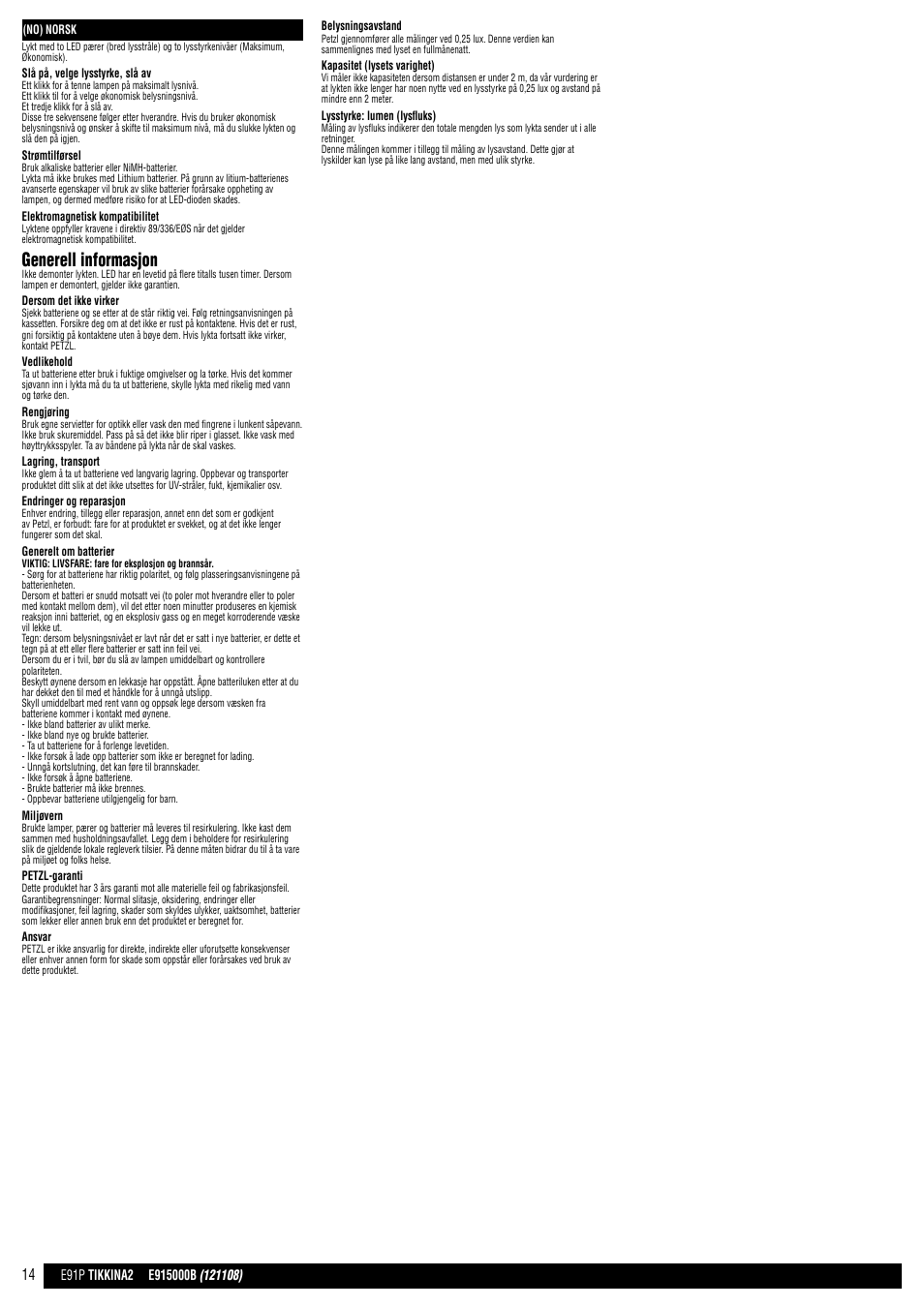 Generell informasjon | Petzl TIKKINA 2 User Manual | Page 14 / 24
