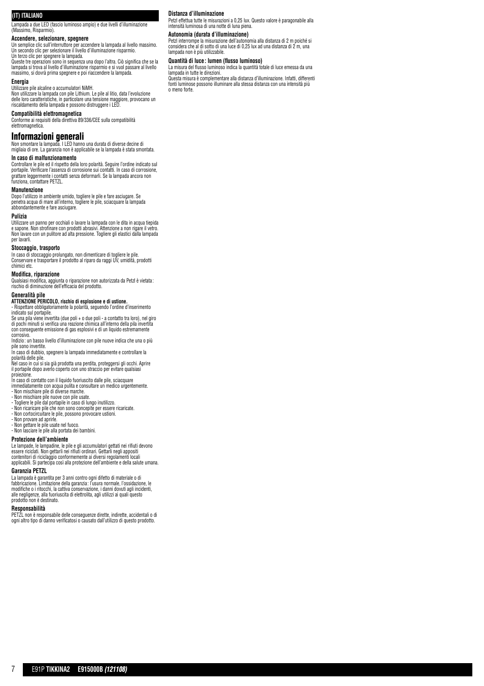 Informazioni generali | Petzl TIKKINA 2 User Manual | Page 7 / 24