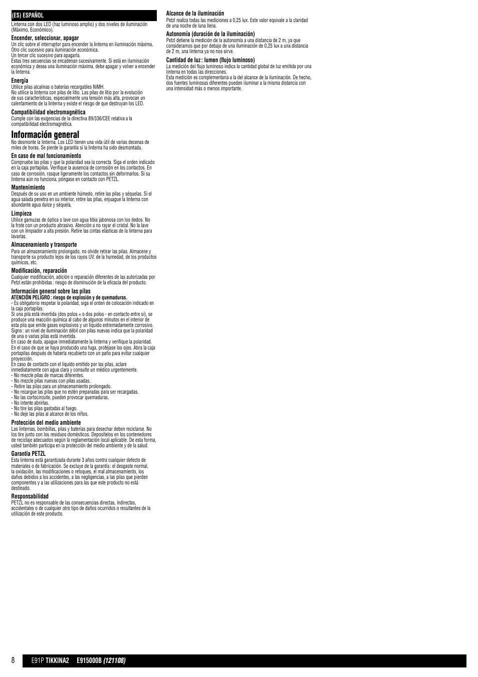 Información general | Petzl TIKKINA 2 User Manual | Page 8 / 24