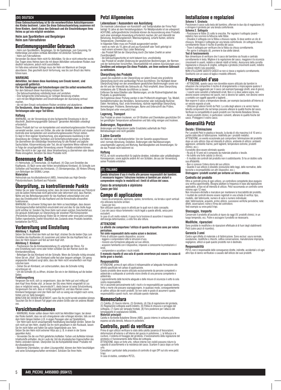 De, it, Nomenclature, Contrôle, points à vérifier | Mise en place et réglages, Précautions d’usage, Généralités petzl, Bestimmungsgemäßer gebrauch, Benennung der teile, Überprüfung, zu kontrollierende punkte, Vorbereitung und einstellung | Petzl PICCHU User Manual | Page 5 / 13
