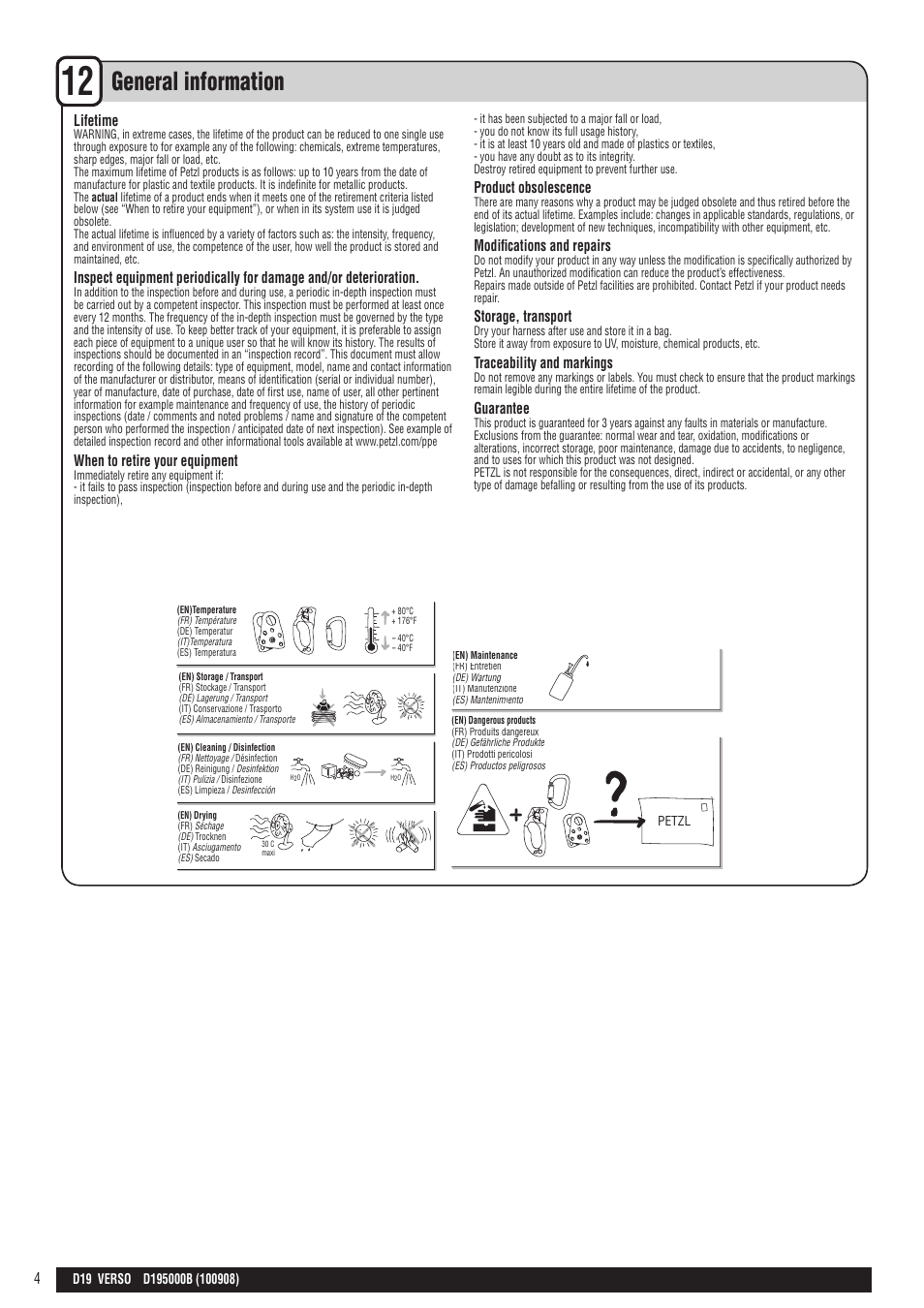 En + drawings, General information, Lifetime | When to retire your equipment, Product obsolescence, Modifi cations and repairs, Storage, transport, Traceability and markings, Guarantee | Petzl VERSO User Manual | Page 4 / 24