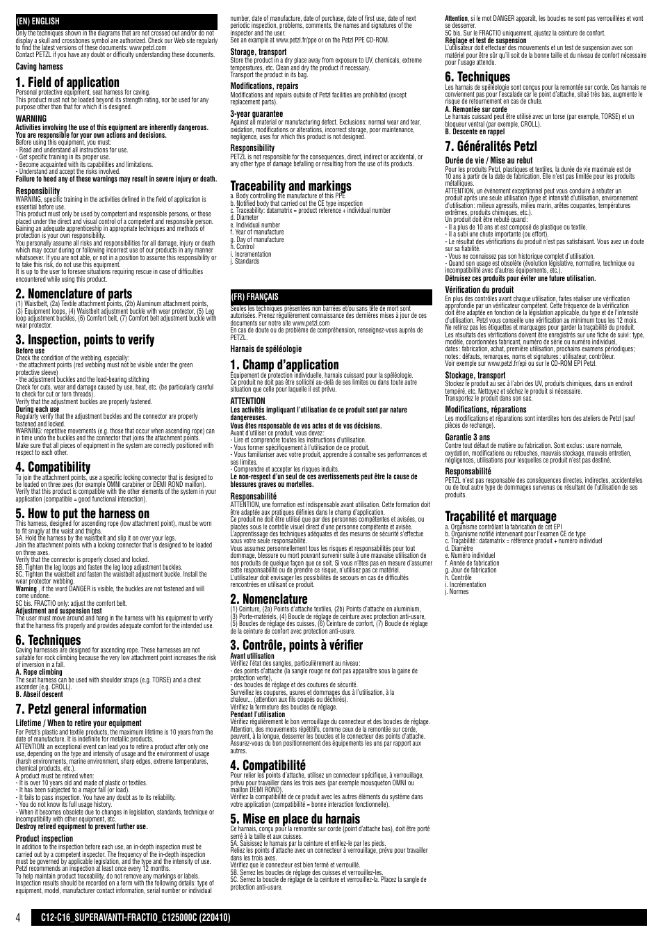 En, fr, Field of application, Nomenclature of parts | Inspection, points to verify, Compatibility, How to put the harness on, Techniques, Petzl general information, Traceability and markings, Champ d’application | Petzl SUPERAVANTI User Manual | Page 4 / 17