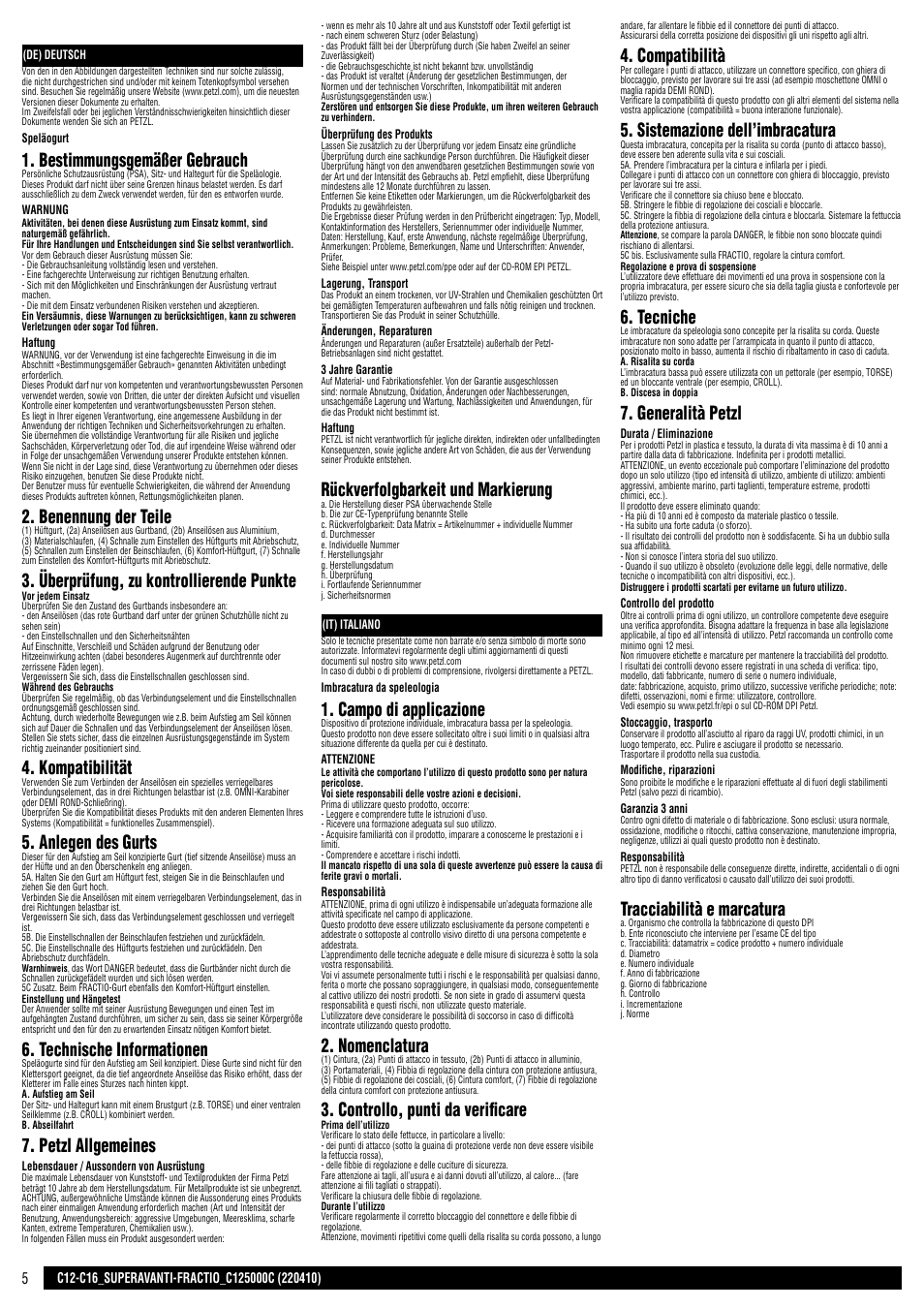 De, it, Bestimmungsgemäßer gebrauch, Benennung der teile | Überprüfung, zu kontrollierende punkte, Kompatibilität, Anlegen des gurts, Technische informationen, Petzl allgemeines, Rückverfolgbarkeit und markierung, Campo di applicazione | Petzl SUPERAVANTI User Manual | Page 5 / 17