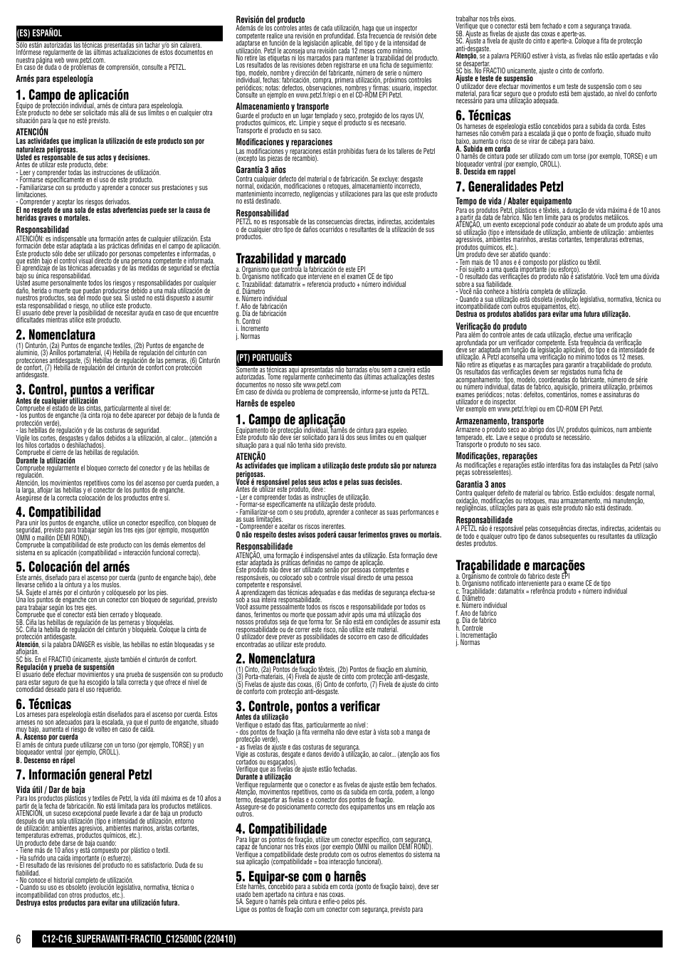 Es, pt, Campo de aplicación, Nomenclatura | Control, puntos a verificar, Compatibilidad, Colocación del arnés, Técnicas, Información general petzl, Trazabilidad y marcado, Campo de aplicação | Petzl SUPERAVANTI User Manual | Page 6 / 17