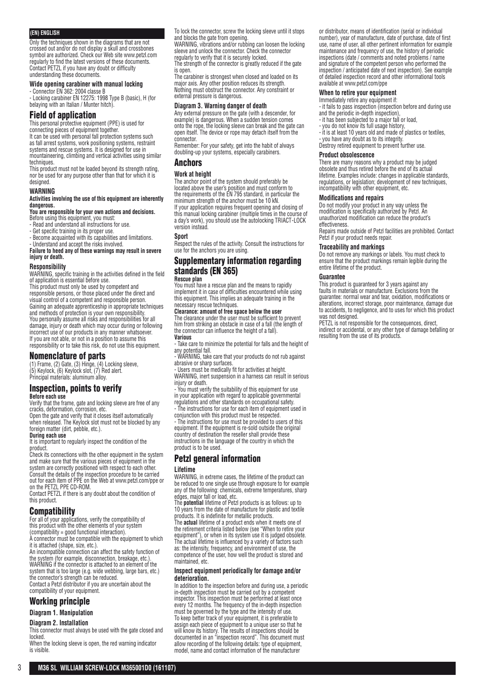 Field of application, Nomenclature of parts, Inspection, points to verify | Compatibility, Working principle, Anchors, Petzl general information | Petzl WILLIAM SCREW-LOCK User Manual | Page 3 / 22