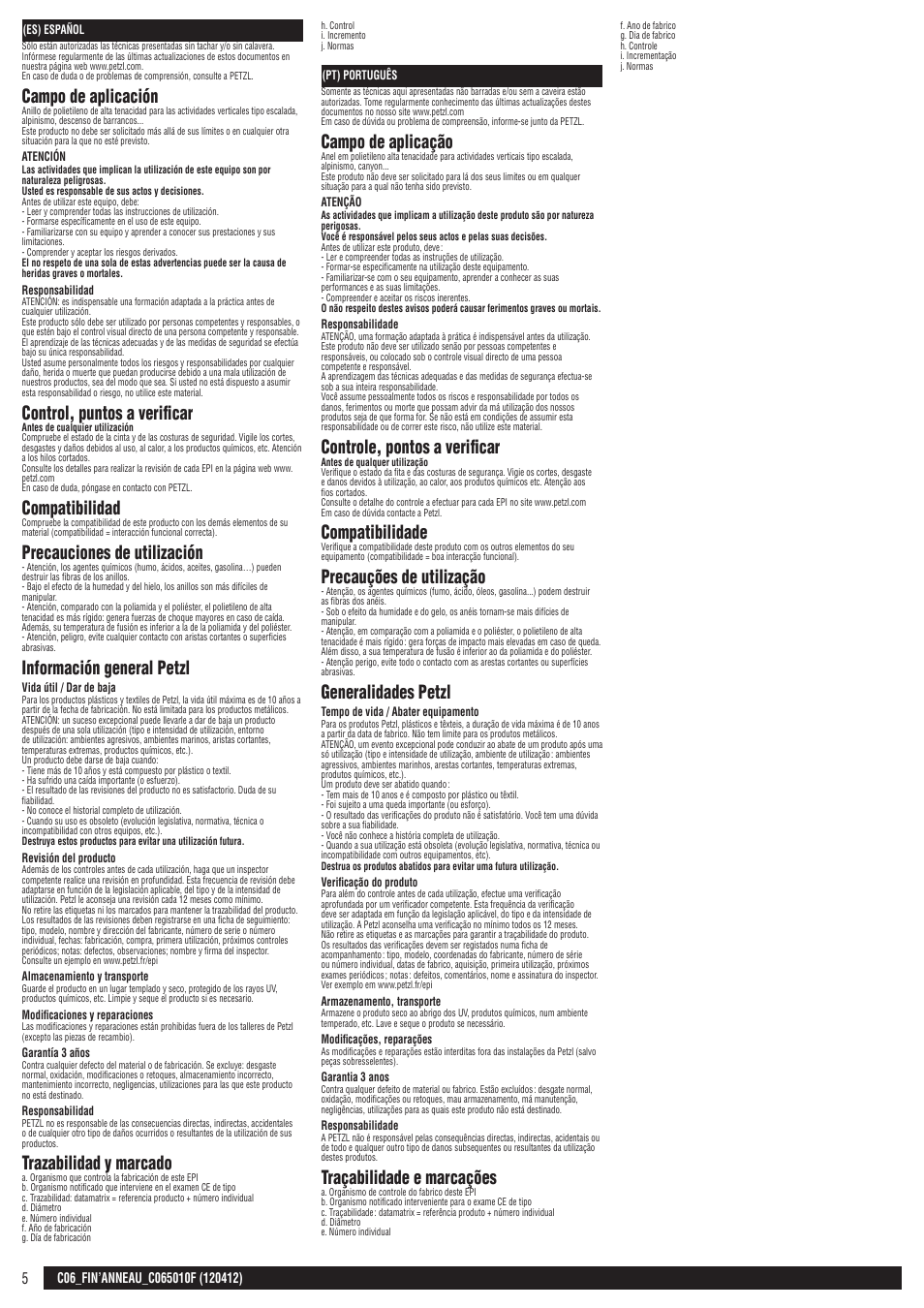 Es, pt, Campo de aplicación, Control, puntos a verificar | Compatibilidad, Precauciones de utilización, Información general petzl, Trazabilidad y marcado, Campo de aplicação, Controle, pontos a verificar, Compatibilidade | Petzl FIN'ANNEAU User Manual | Page 5 / 10