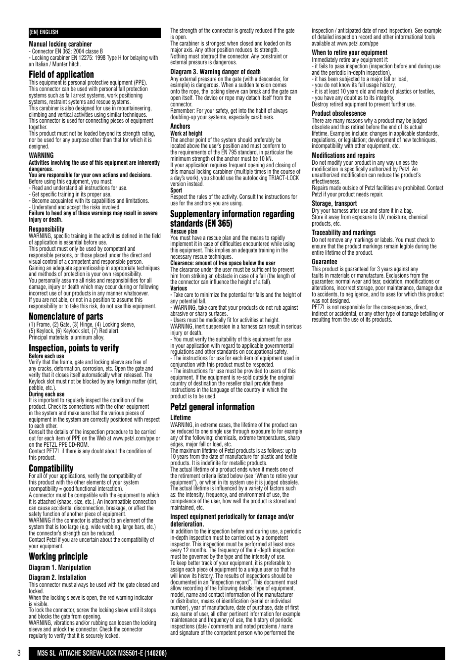 Field of application, Nomenclature of parts, Inspection, points to verify | Compatibility, Working principle, Petzl general information | Petzl ATTACHE SCREW-LOCK User Manual | Page 3 / 23