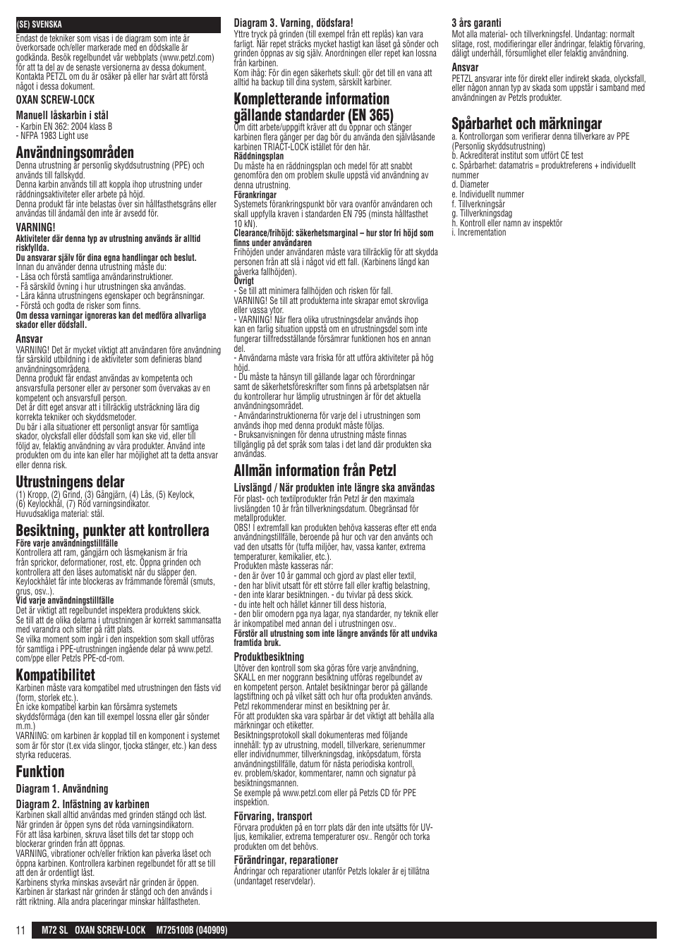 Användningsområden, Utrustningens delar, Besiktning, punkter att kontrollera | Kompatibilitet, Funktion, Allmän information från petzl, Spårbarhet och märkningar | Petzl OXAN SCREW-LOCK User Manual | Page 11 / 23