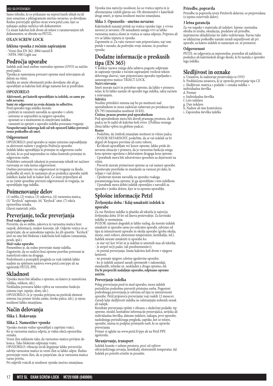 Področja uporabe, Poimenovanje delov, Preverjanje, točke preverjanja | Skladnost, Način delovanja, Dodatne informacije o preskusih tipa (en 365), Splošne informacije petzl, Sledljivost in oznake | Petzl OXAN SCREW-LOCK User Manual | Page 17 / 23