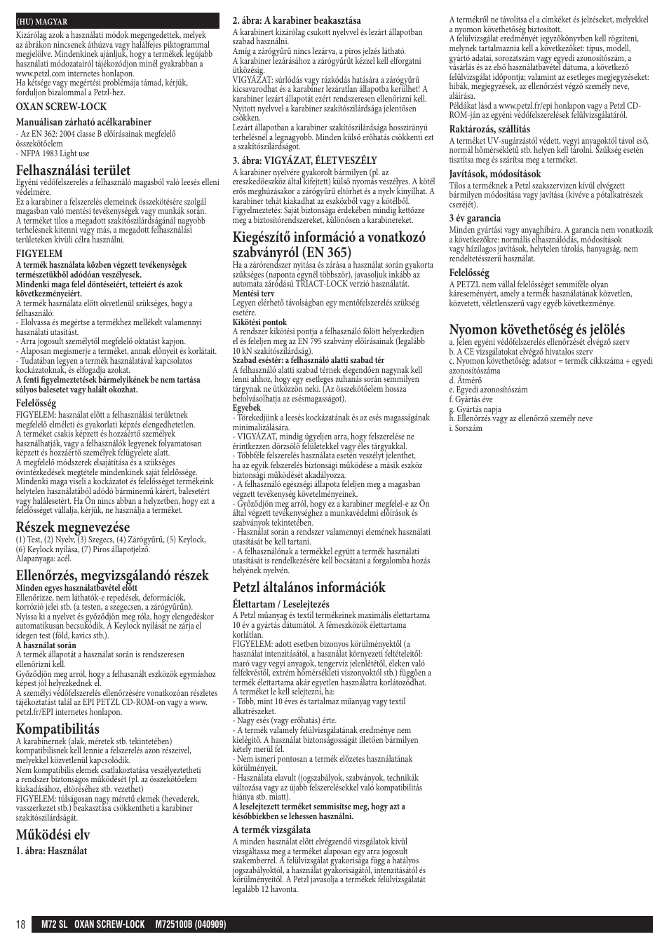 Felhasználási terület, Részek megnevezése, Ellenőrzés, megvizsgálandó részek | Kompatibilitás, Működési elv, Petzl általános információk, Nyomon követhetőség és jelölés | Petzl OXAN SCREW-LOCK User Manual | Page 18 / 23