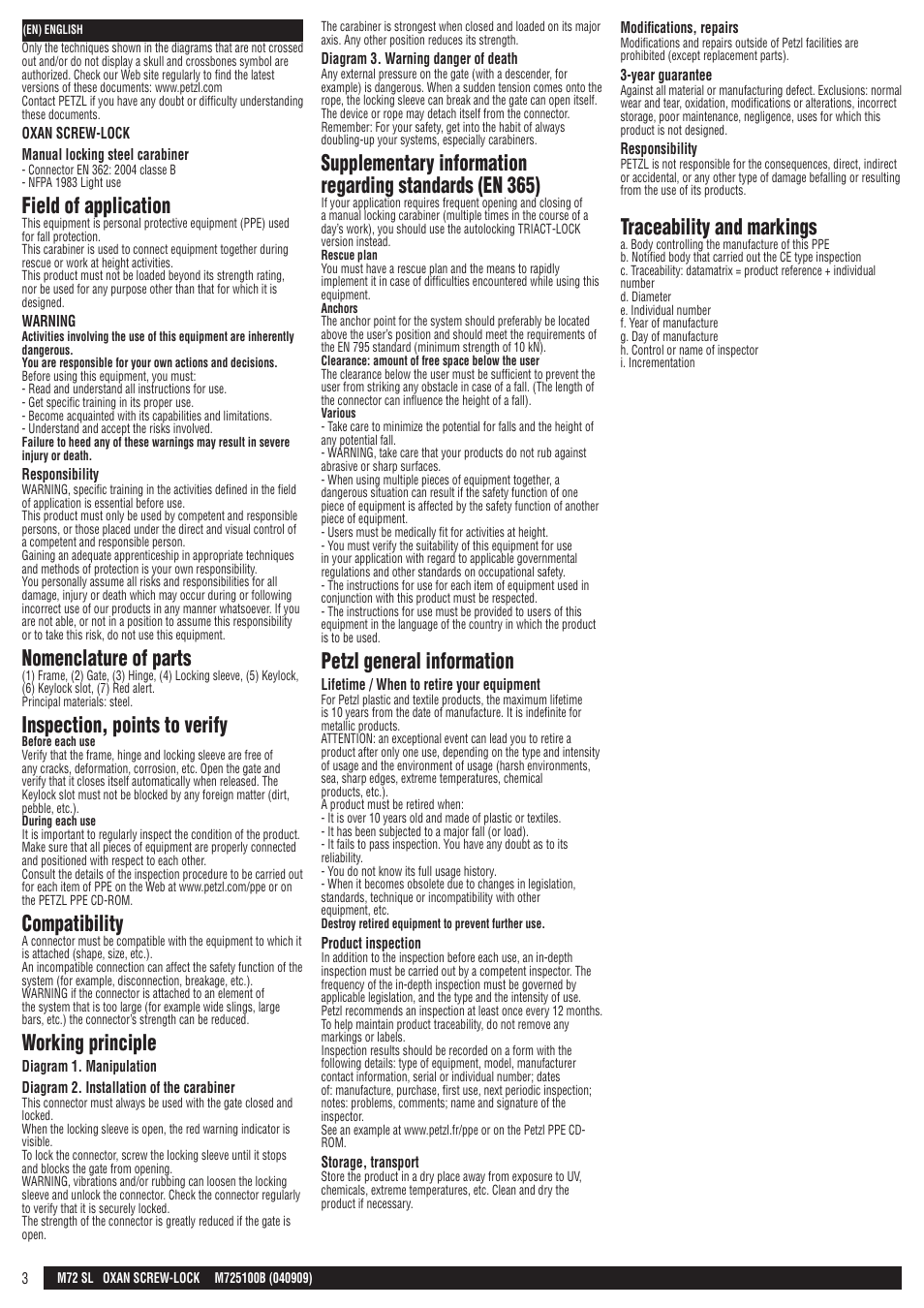Field of application, Nomenclature of parts, Inspection, points to verify | Compatibility, Working principle, Petzl general information, Traceability and markings | Petzl OXAN SCREW-LOCK User Manual | Page 3 / 23