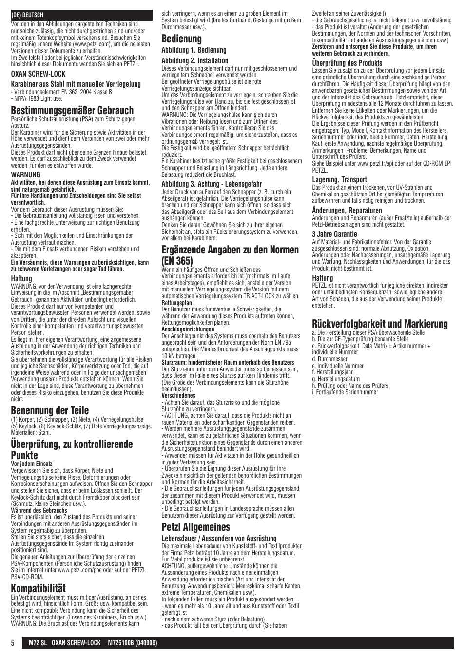 Bestimmungsgemäßer gebrauch, Benennung der teile, Überprüfung, zu kontrollierende punkte | Kompatibilität, Bedienung, Ergänzende angaben zu den normen (en 365), Petzl allgemeines, Rückverfolgbarkeit und markierung | Petzl OXAN SCREW-LOCK User Manual | Page 5 / 23