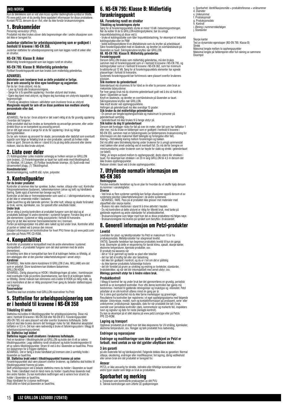 Bruksområder, Liste over deler, Kontrollpunkter | Kompatibilitet, Ns-en 795: klasse b: midlertidig forankringspunkt, Utfyllende normativ informasjon om ns-en 365, Generell informasjon om petzl-produkter, Sporbarhet og merking | Petzl GRILLON MGO User Manual | Page 15 / 24
