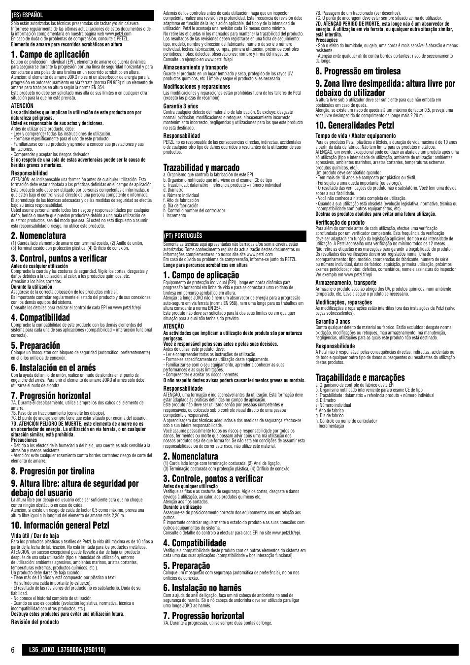Es / pt, Campo de aplicación, Nomenclatura | Control, puntos a verificar, Compatibilidad, Preparación, Instalación en el arnés, Progresión horizontal, Información general petzl, Trazabilidad y marcado | Petzl JOKO-Y User Manual | Page 6 / 16